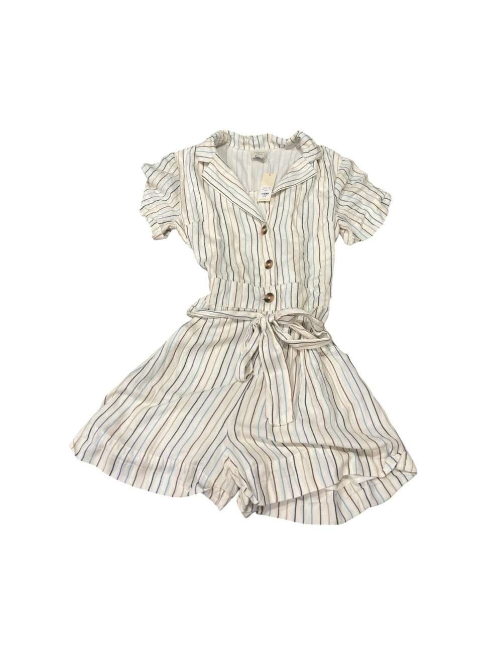 NWT Harper Heritage Striped Tie Waist Romper Large Ivory Brown Blue Francesca’s